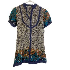 Feline Blue Pure Cotton Floral Button Front A-Line Dress Cottagecore Retro Sz M